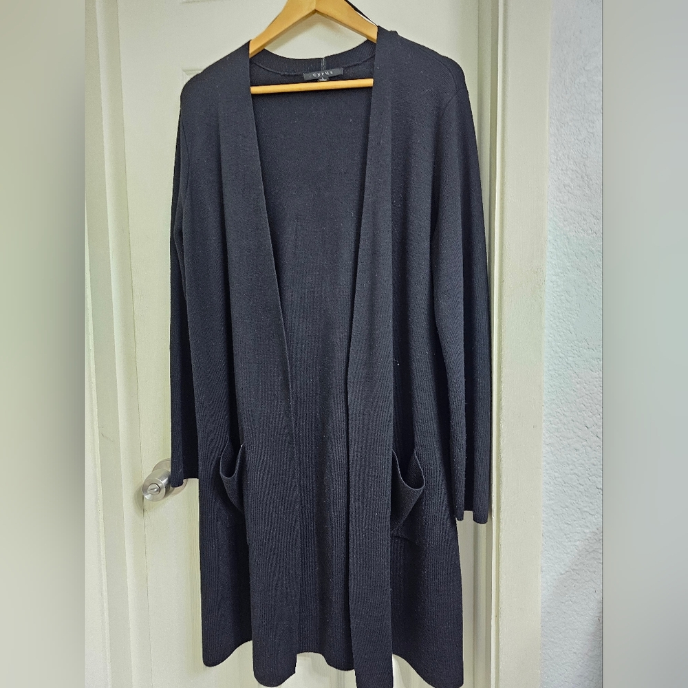 Women's Open Front Long Black Sweatercoat, size L